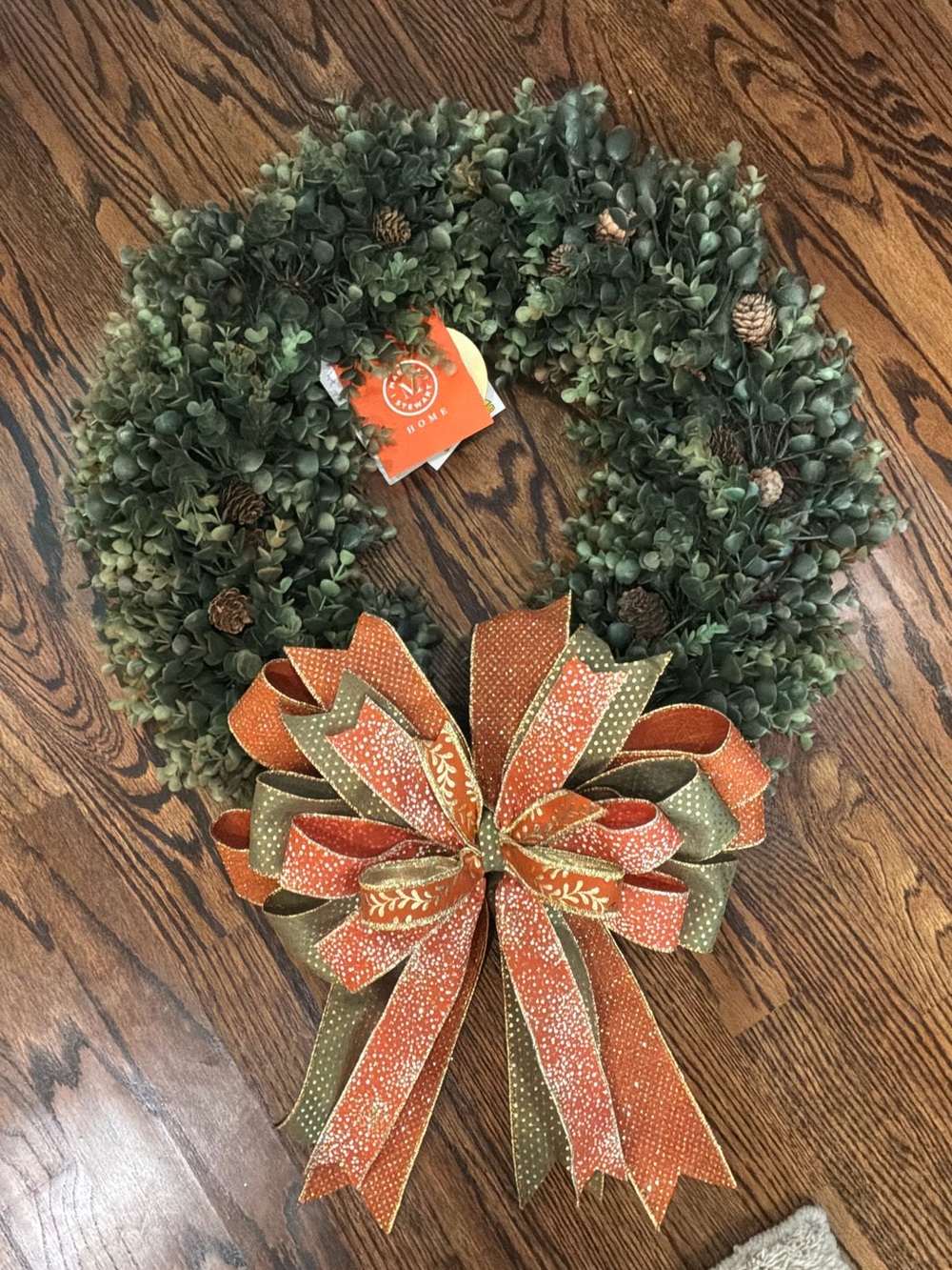 Green Boxwood Holiday Wreath with Orange & Olive Bow